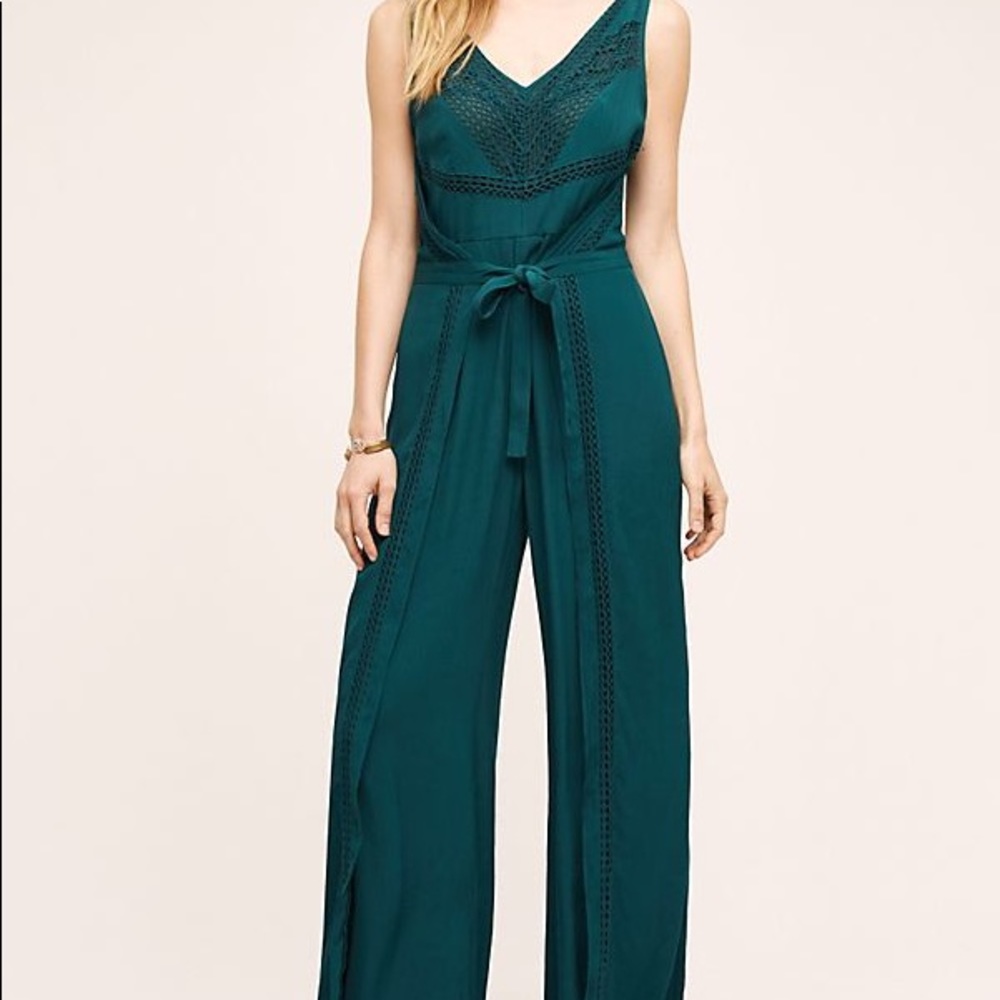 Anthropologie emerald green wrap jumpsuit